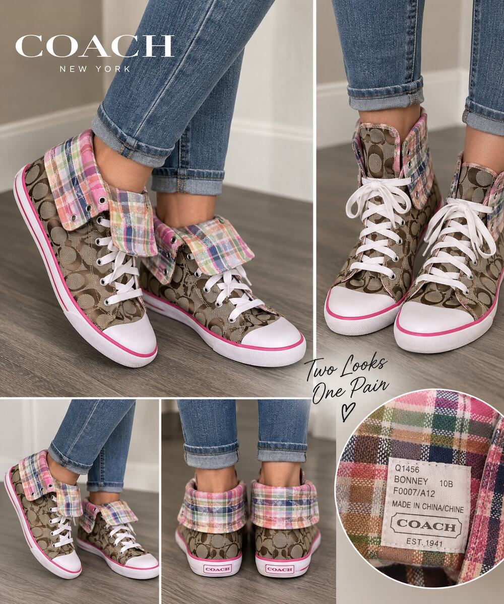Coach Bonney Q1456 Signature C Plaid Fold Over High Top Sneakers 10B Y2K